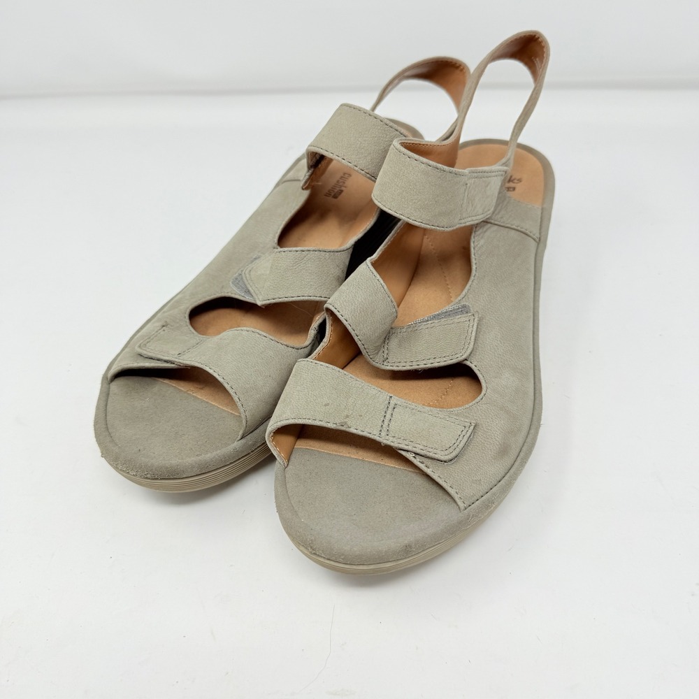 Clarks Womens Sandals Reedly Juno‎ Leather Wedge Triple Strap Taupe Sz 10